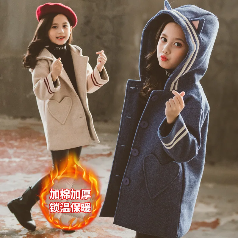 2019 г. Шерстяное зимнее пальто с капюшоном для девочек героями мультфильмов