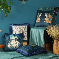 luxury retro cushion cover decorative pillow case artistic antique forest bird flora velvet tassel sofa chair bedding coussin