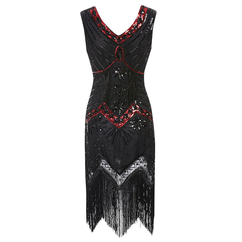 Black Red Dress Винтажное женское платье 1920s Gastby со сплошным расшитым блестками Сетчатое платье в стиле модерн украшенное бахромой платье размера плюс черный/зеленый/белый/золотой - Цвет: Black Red Dress