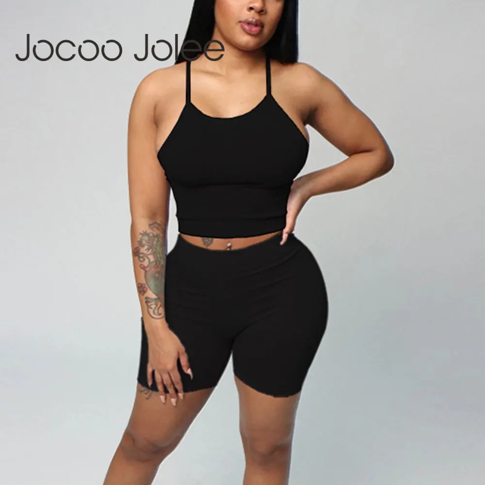 

Jocoo Jolee Two Pieces Sets Sexy Strap Tanks and Shorts Suit Knitted Tops Camis Europe Style Solid Club Suits Tracksuits 2020