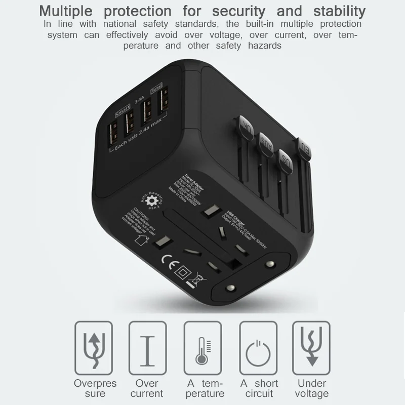 4 USB универсальный адаптер для путешествий Универсальный питания штепсели