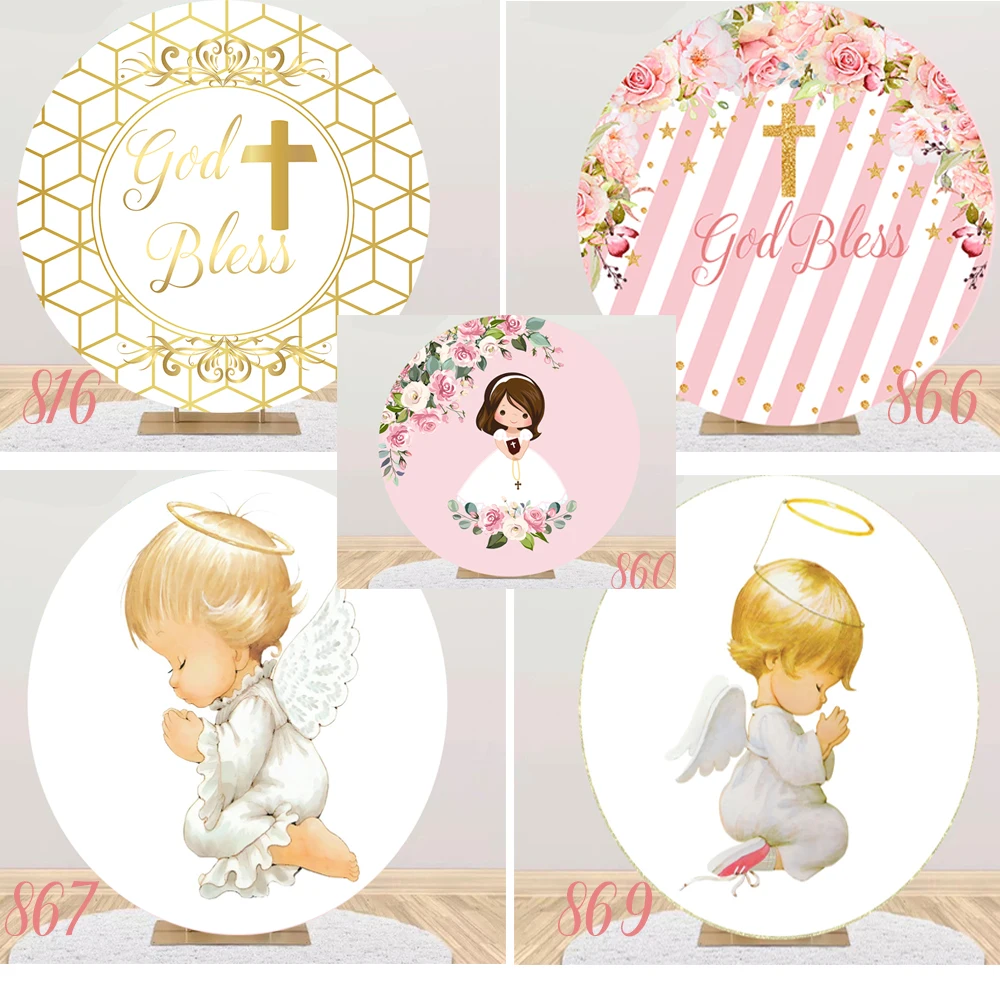 

God Bless Baby Baptism Round Photography Background cover Photo Backdrop Gold Pink Flowers Angel Girl Boy Party Decoration