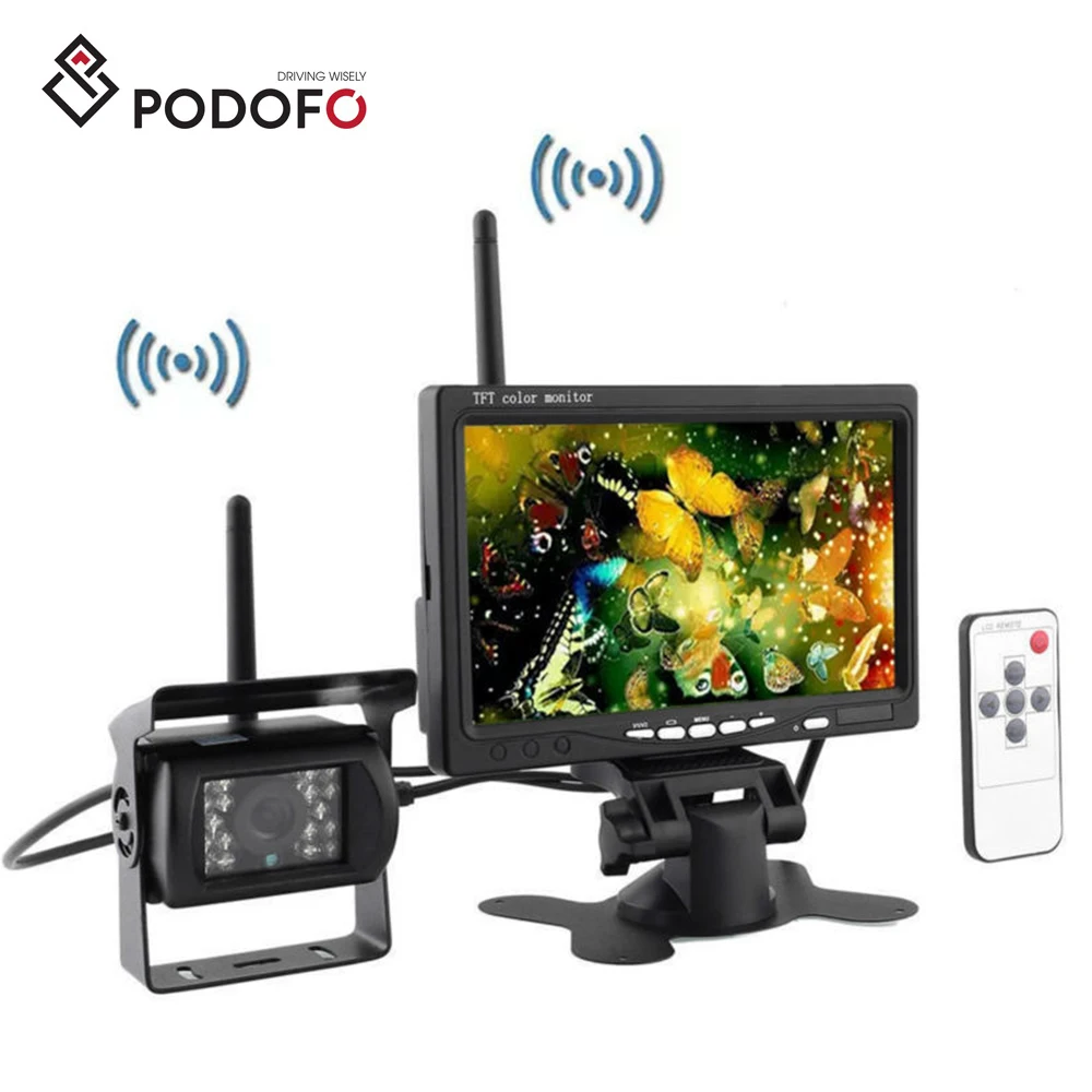 

Podofo 7" HD Wireless Vehicle Backup Rear View Camera Car Charger 18 IR Night Vision For Trucks Bus RV Trailer Excavator