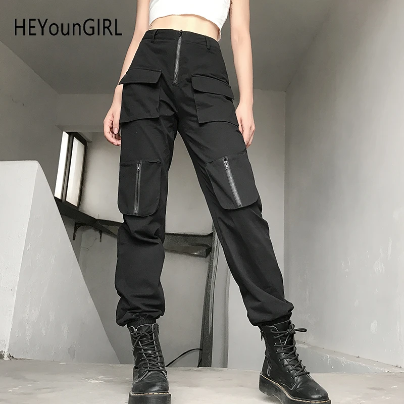HEYounGIRL хип хоп повседневные черные женские брюки-карго Harajuku панк спортивные брюки женские с высокой талией брюки женские уличные карманы