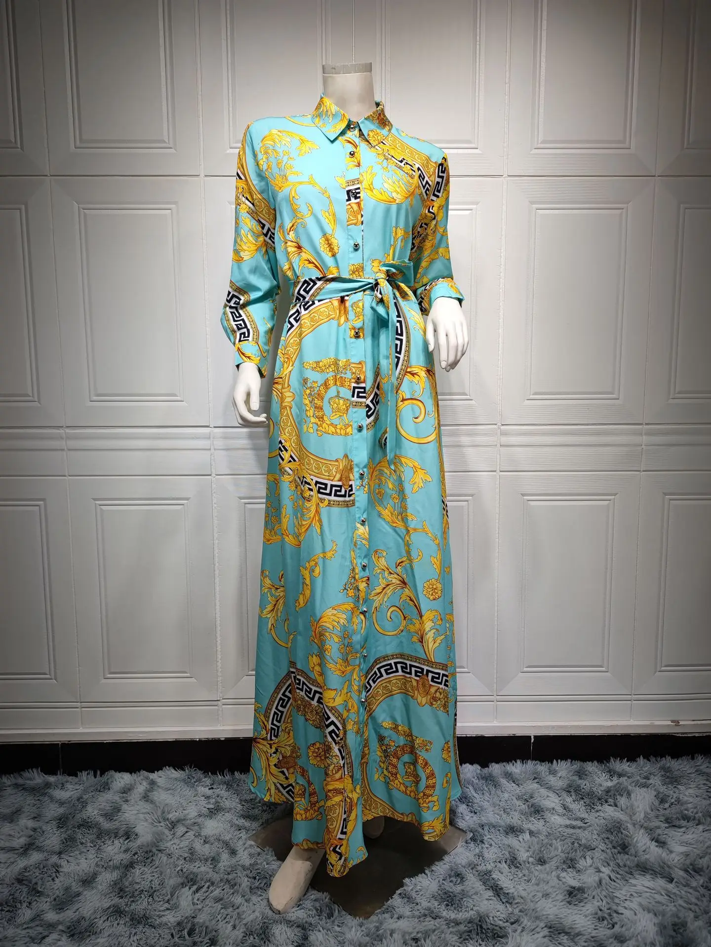 Long Sleeve Print Muslim Dress Women Ethnic Kaftan Collar Shirt Dress Abaya Dubai Caftan Marocain Evening Dresses Djellaba Femme