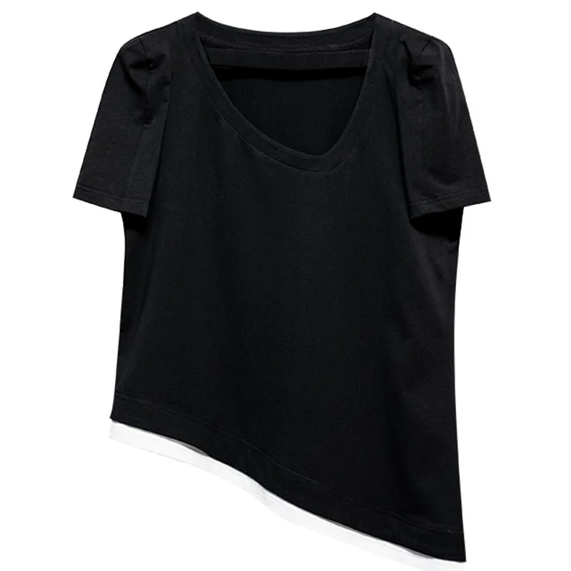 

[EAM] Women Hollow Out Asymmetrical Patchwork Casual T-shirt New V-Neck Short Sleeve Fashion Loose Tide Summer 2021 1DD7534