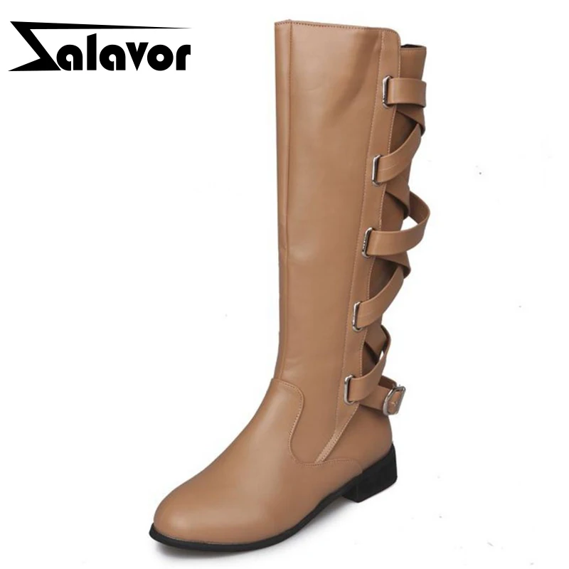 ZALAVOR/женские ботинки на плоской подошве модные зимние теплые сапоги до колена на молнии Женская обувь высокие сапоги с перекрестными ремешками размер 35-43