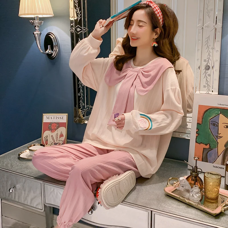 

Pajamas Women's Spring and Autumn Long Sleeve Thin Pure Cotton Student Sweet Cute Loose plus Size Summer Home Wear Suit Cloud