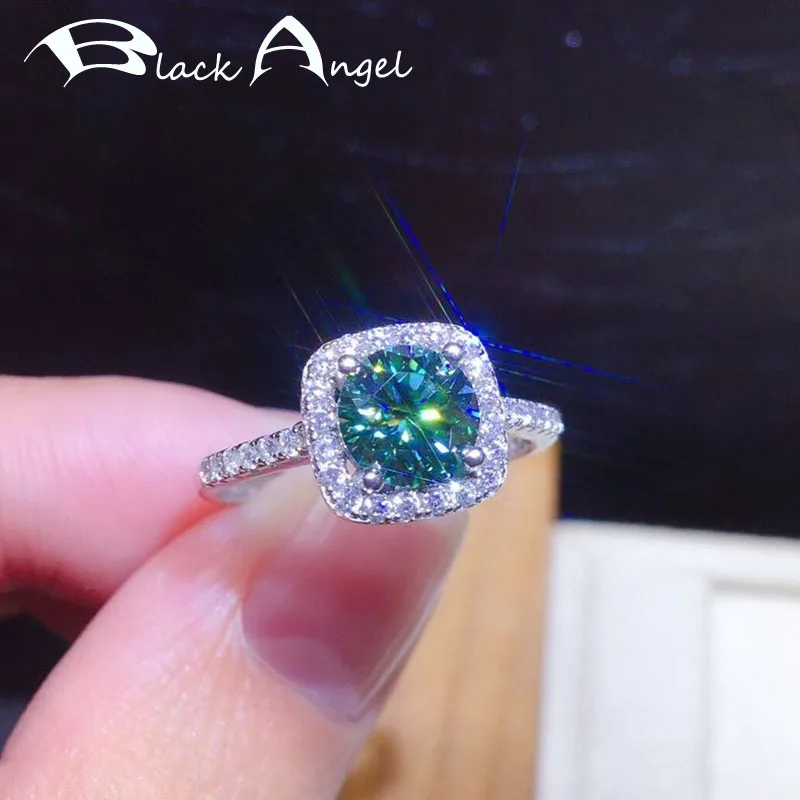 

BLACK ANGEL Ladies 925 Silver Ring 2 Carats Created Square Green Blue Gemstone Adjustable Rings For Women Jewelry Wedding Gift