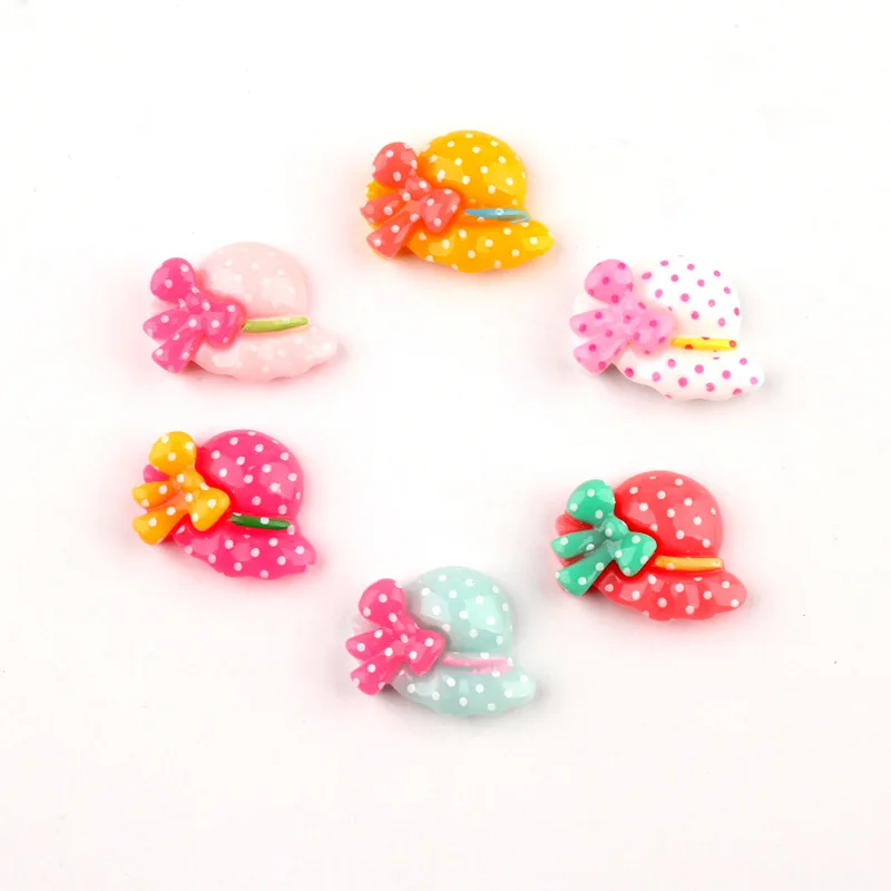 

150pcs Cartoon Resin Straw Hat Flat Back Cabochon Bow Polka Dot Hat Embellishment DIY Scrapbook Crafts Accessories 21*15MM