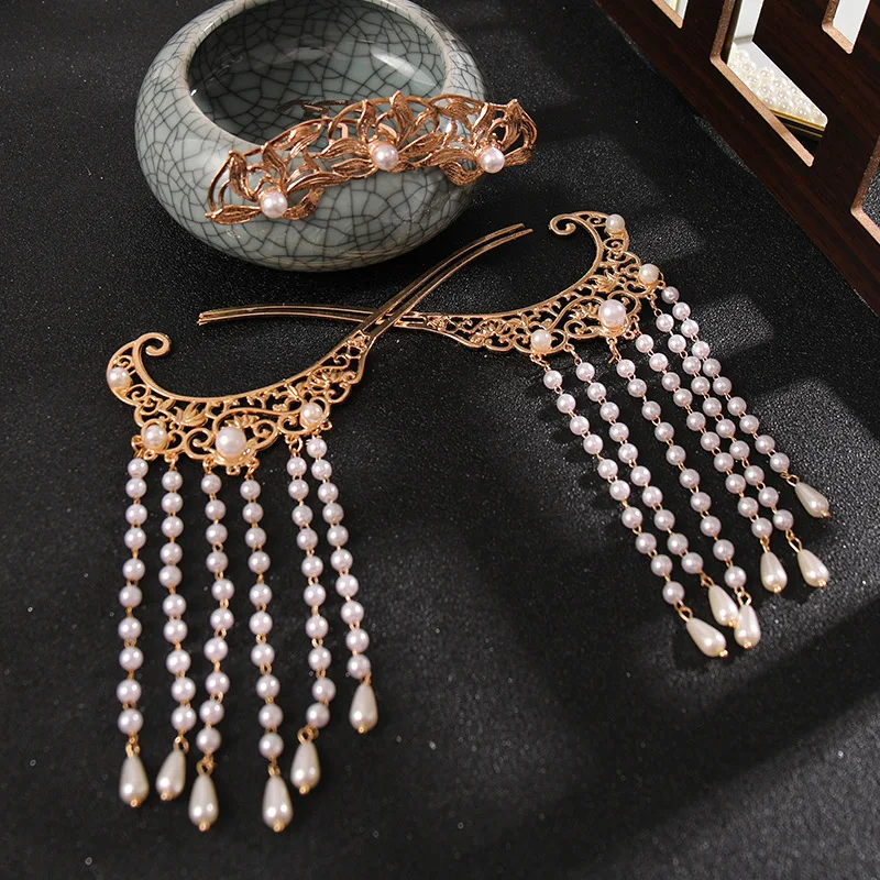 Hanfu Clothing Accessories Retro Pearl Tassel Hairpins Set with Crown Chinese Style Cute Vintage Headdress for Girls MA | Красота и