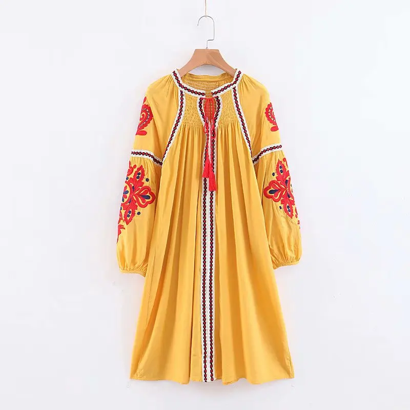 yellow Винтажное шикарное женское платье из вискозы и хлопка с цветочной вышивкой пляжное богемное женское платье-миди с кисточками летнее платье в стиле бохо vestidos - Цвет: yellow