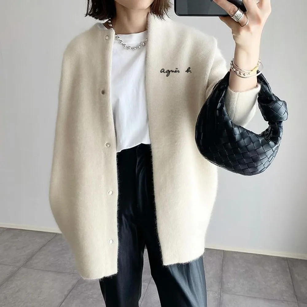 

Korean Knitting Women Knitted Cardigan Jacket Sweater 2021 Lazy Mid-Length Sweaters Letter Plain Moderate Female Outerwear