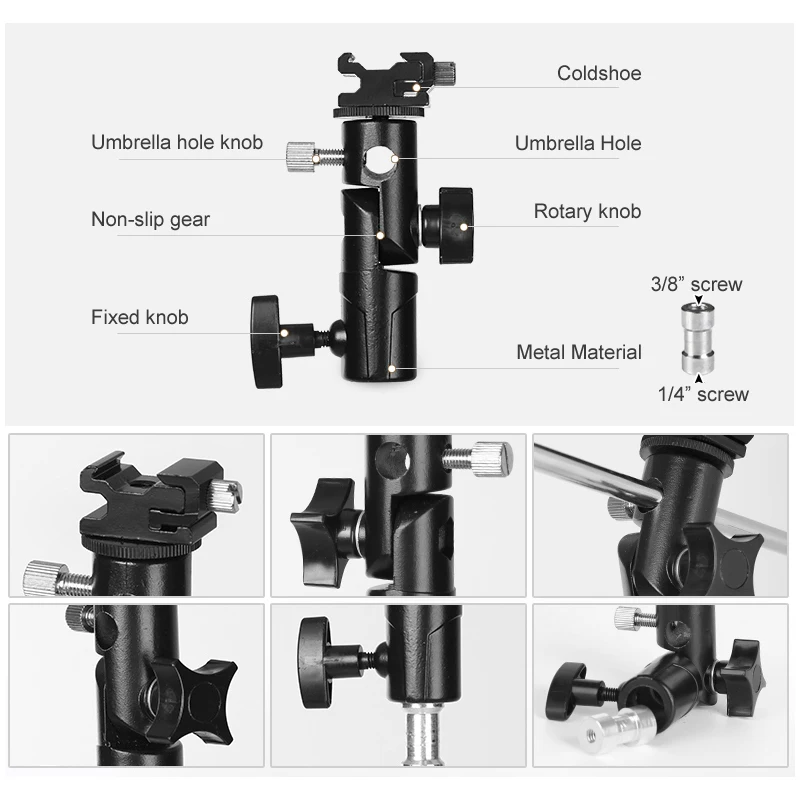 

Photography Metal E Holder Tripod Stand w Cold Shoe Screw Adapter Bracket w/ Umbrella Hole for Flash Speedlite Video Studio