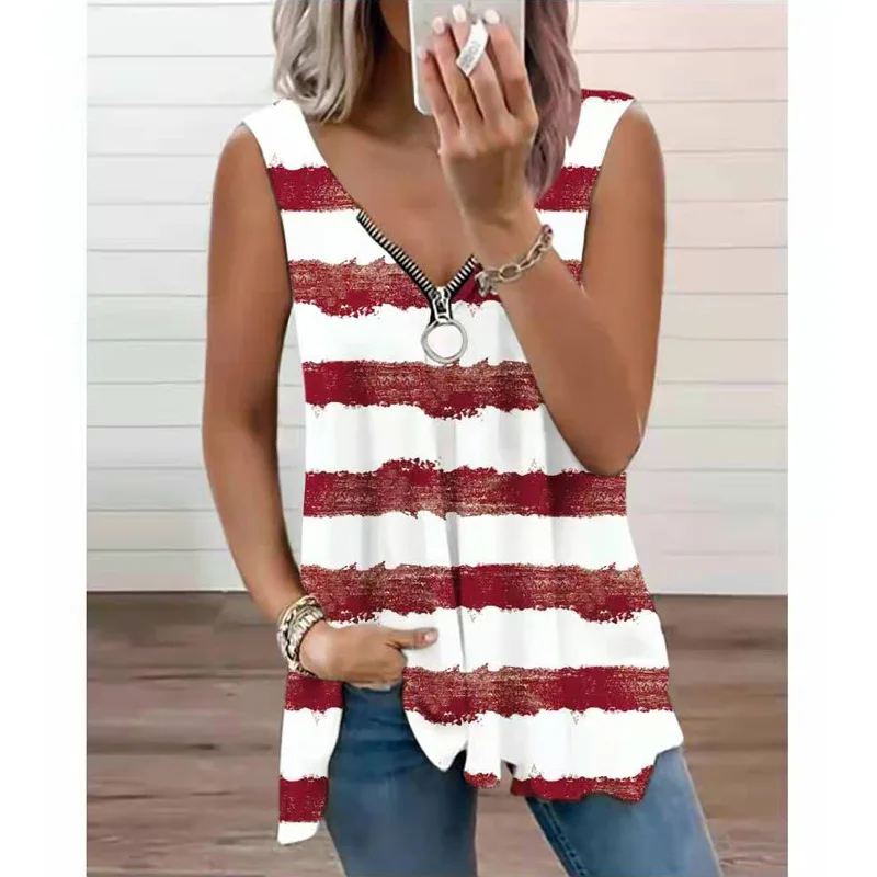 

Zipper V Neck Stripe Print Sleeveless Shirt Women Sexy Summer Casual Retro Plus Size Fashion Vest T Shirt Pullover New Tank Tops