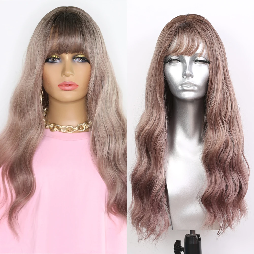 

Sivir Длинные розовые Омбре синтетические парики с челкой Многослойные волнистые термостойкие волосы Косплей ежедневный парик 24 дюйма для бе...