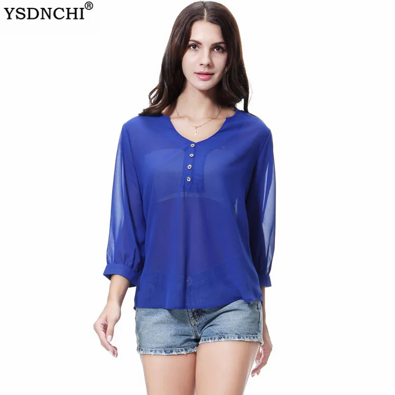 

YSDNCHI летняя шифоновая блузка женские асимметричные сексуальные топы с V-образным вырезом на пуговицах синие Черные повседневные топы рубаш...