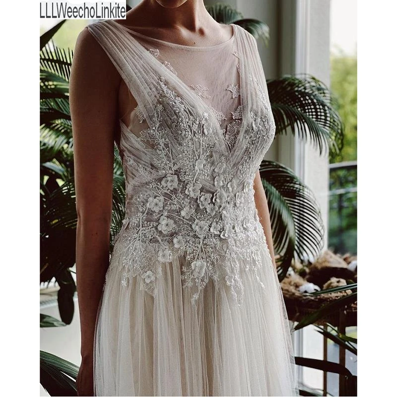 

Ivory Tulle Sleeveless V-Neck Floor-Length A-Line Wedding Dresses Chapel Train Bridal Gowns Custom Made