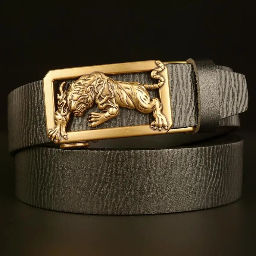 

Men Automatic Buckle Top Layer Cowskin Genuine Leather Gold Tiger Belt Jeans Waistabnd Black Coffee BCD048