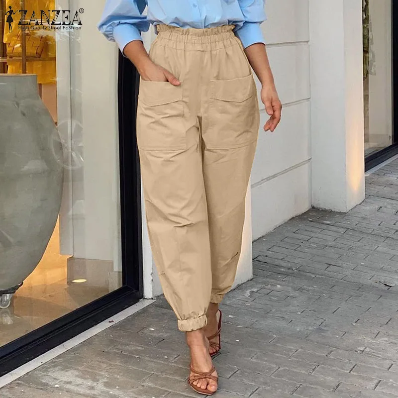 

Oversized ZANZEA Women's Harajuku Pants 2021 Summer Wide Leg Pants Casual Solid Elastic Waist Pants Lady Pockets Loose Pantalon