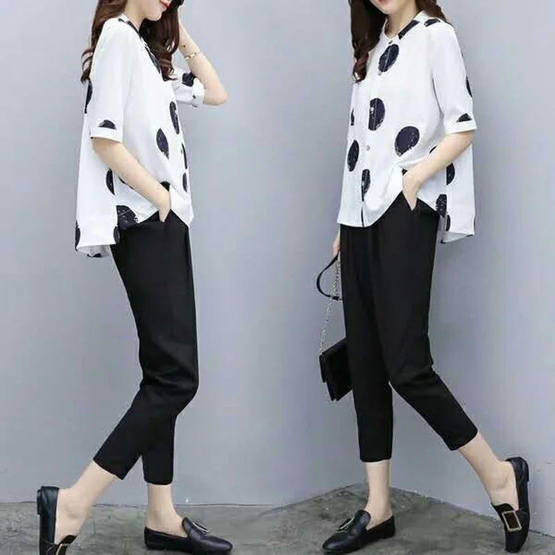 

Female 2021 Summer New Two-piece Set Womens Outfits Printing Shirt + Nine-point Pencil Pants Suits Casual Fashion Suit Y765