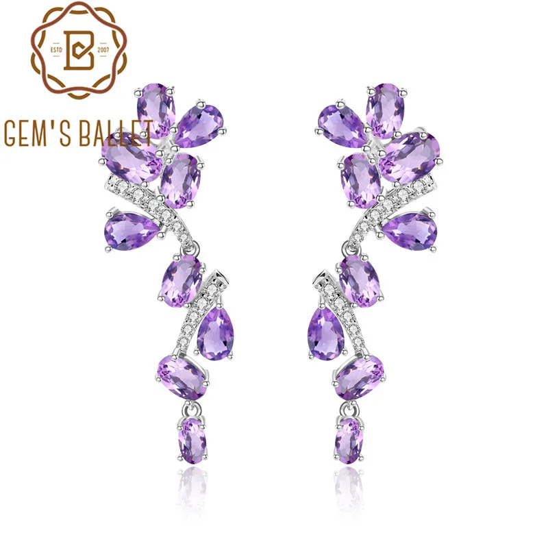 GEM'S балетные 925 пробы серебро 8.32Ct натуральный аметист листья и ветви Висячие серьги для женщин романтические свадебные ювелирные изделия
