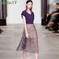 womens summer graceful thin sleeveless sweater topsmesh print skirts set 2021 elegant ruffles purple top high waist skirt set