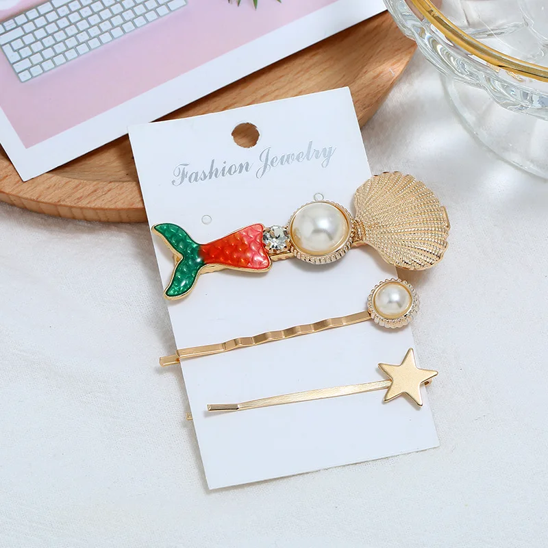 C-gerrn 2/3pcs Summer Beach Shell Metal Hairpins Fashion Pearl hairgrip Mermaid Starfish HairClips Women Hair Accessories Adult Headwear - Цвет: C-gerrn