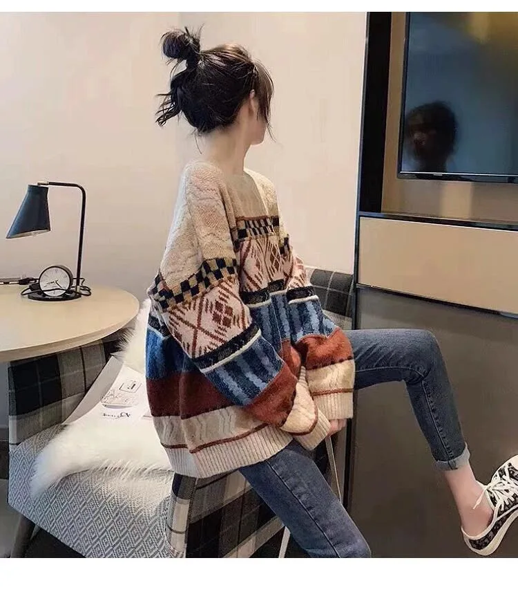 Женский жаккардовый свитер в стиле ретро Свободный вязаный пуловер нордическом