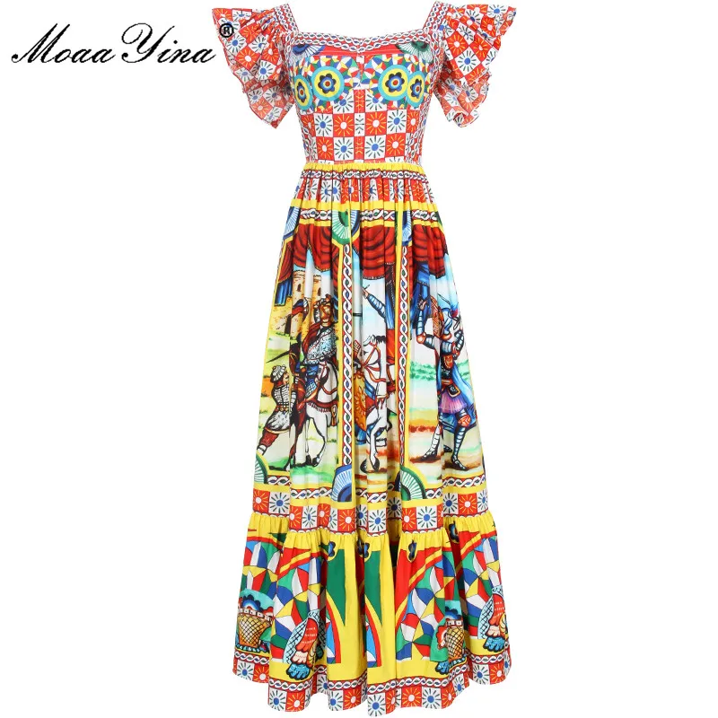 

MoaaYina Fashion Runway Summer cotton Dress Women's Butterfly Sleeve Vintage Warrior Totem Printed Vacation Midi Dress
