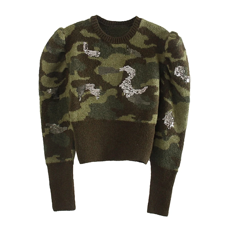 RR расшитые блестками камуфляжные свитера женские модные с круглым вырезом