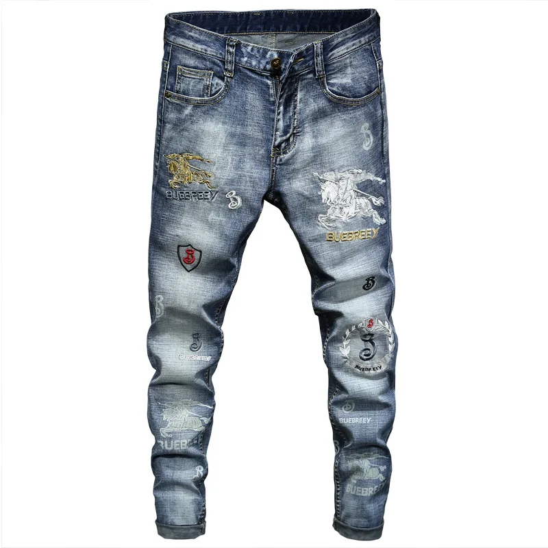 

Summer embroidery jeans men's thin printed light-colored brand elastic feet all-match hole thin casual teenager pencil trousers