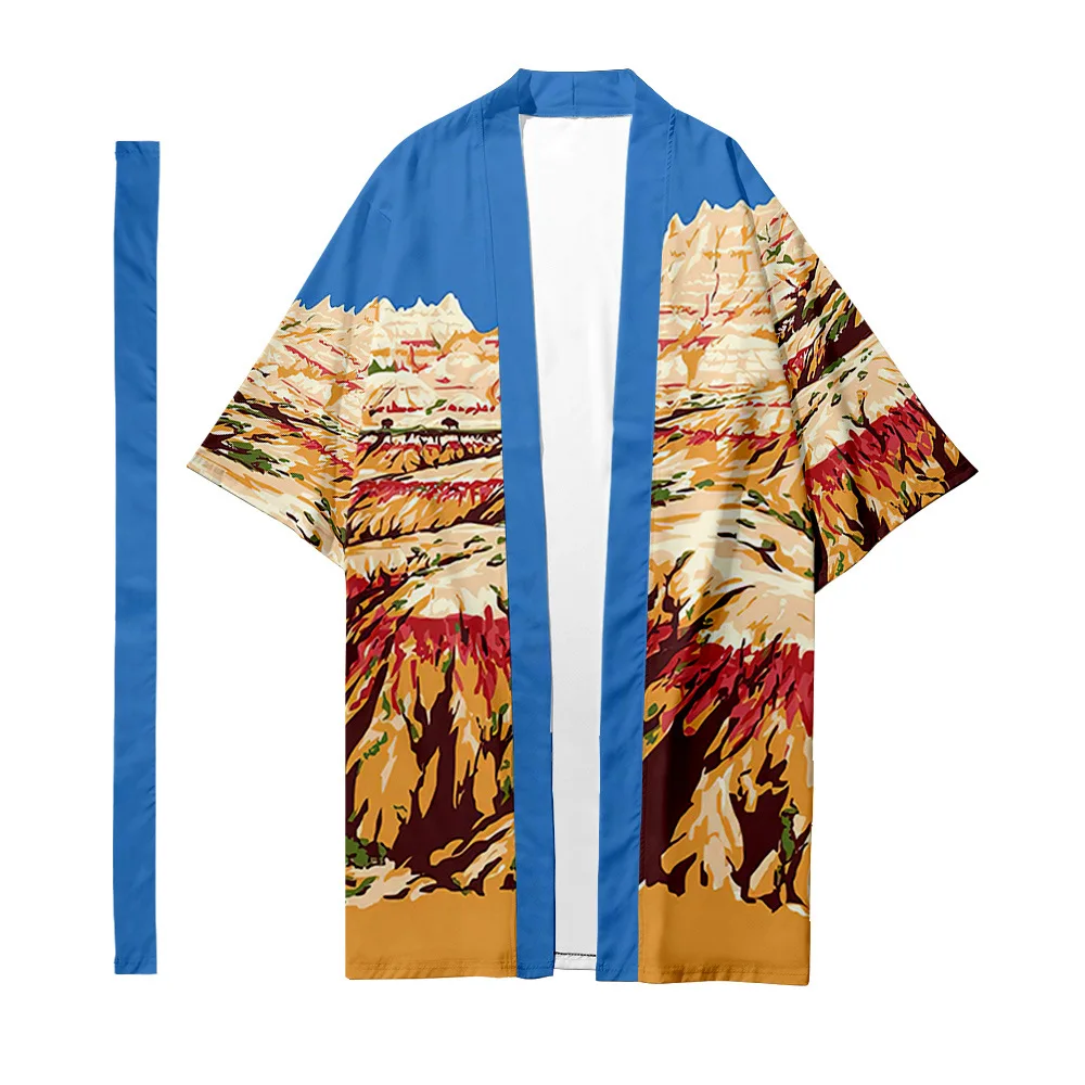 

Men's Japanese Long Kimono Cardigan Men's Samurai Costume Kimono Nature and Mountain Pattern Kimono Shirt Yukata Outer Cover
