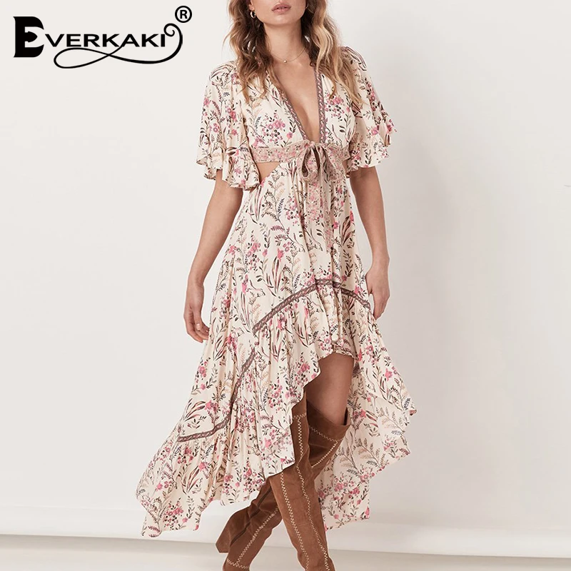 Женское платье с открытой спиной и принтом Everkaki Gypsy, богемное женское платье с глубоким v-образным вырезом и коротким передом и длинной спинкой, Новинка лета
