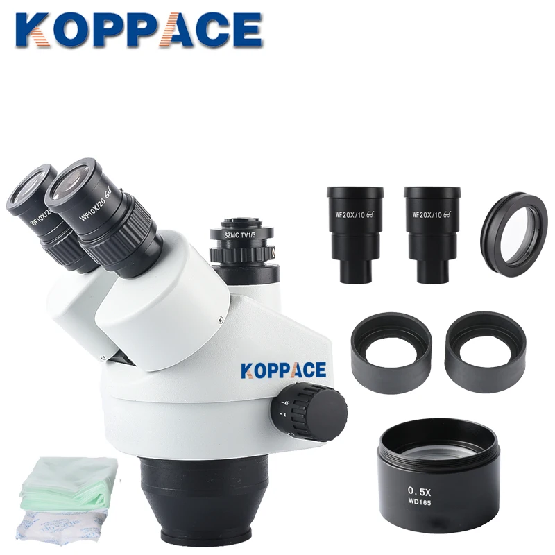 

Тринокулярные линзы для микроскопа KOPPACE 3.5X-90X, тринокулярные линзы для промышленного микроскопа, адаптер 1/3 CTV, линзы с непрерывным увеличением