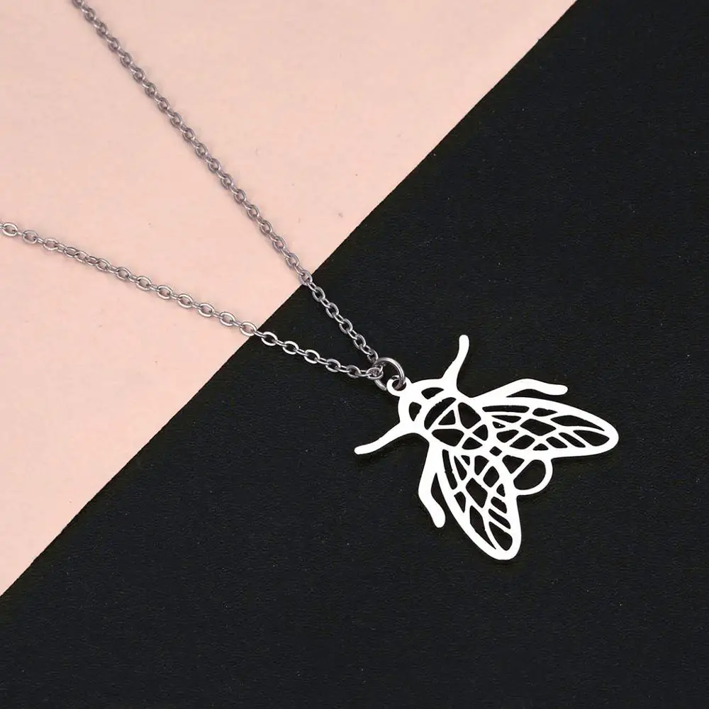 

LUTAKU Origami Fly Necklaces For Women Geometric Animal Pendant Necklace Stainless Steel Jewelry Unique Insect Necklace