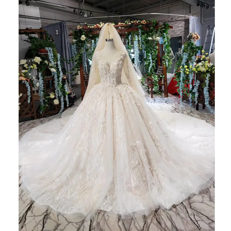 

BGW HT4239 Lace Wedding Dress With Wedding Veil O Neck Appliques Long Sleeve Ball Gown Wedding Gowns Vestido De Novia De Encaje