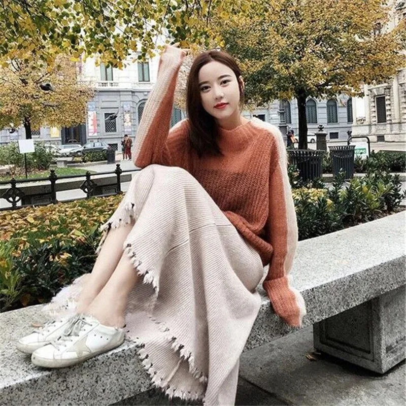 Винтажная 2021 зимняя женская толстая юбка-свитер эластичная высокая талия