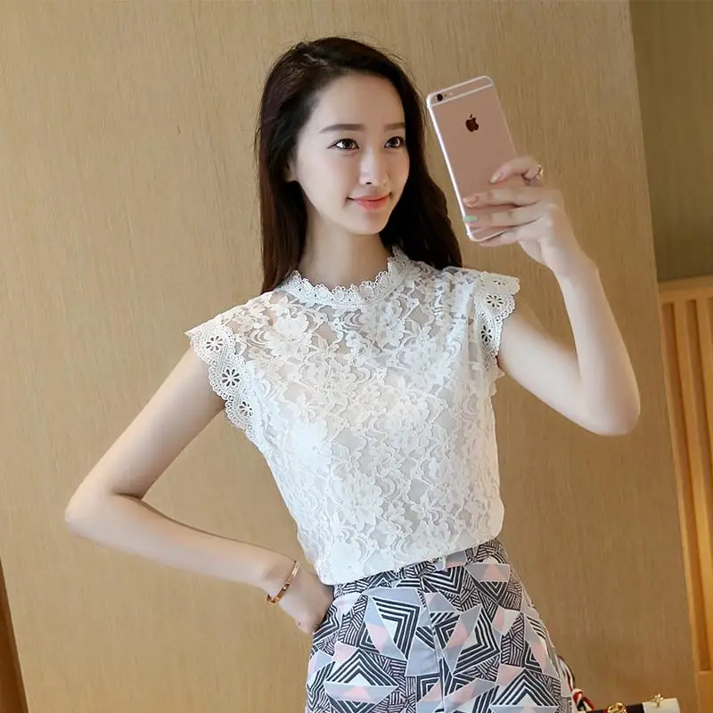 

Женская рубашка с кружевной отделкой в Корейском стиле, размера плюс универсальный топ без рукавов с воротником-стойкой, лето, свободные и тонкие
