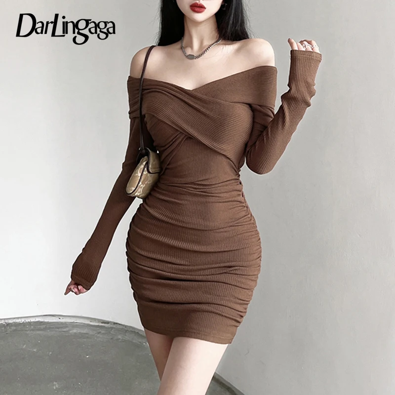 

Darlingaga Fashion Elegant V Neck Knitted Brown Long Sleeve Women's Dress Ruched Basic Spring Sexy Dress Shirring Korean Clothes