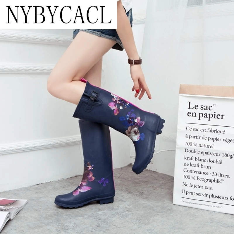 Woman Waterproof Rain Boots Women Spring/Autumn Rainboots Print Female Knee-High Boots Non-Slip Fashion Casual Shoes galoshes