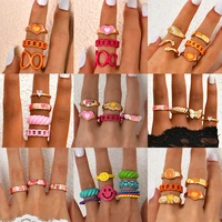 fashion heart smile rings set for women vintage colorful flower love geometric knuckle ring wholesale jewelry 2021 trend