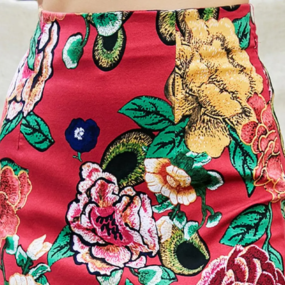 

2021 boho summer high waist mini skirts women sexy floral retro pencil skirts zipper blue feminino satin slit skirts Falda Femme