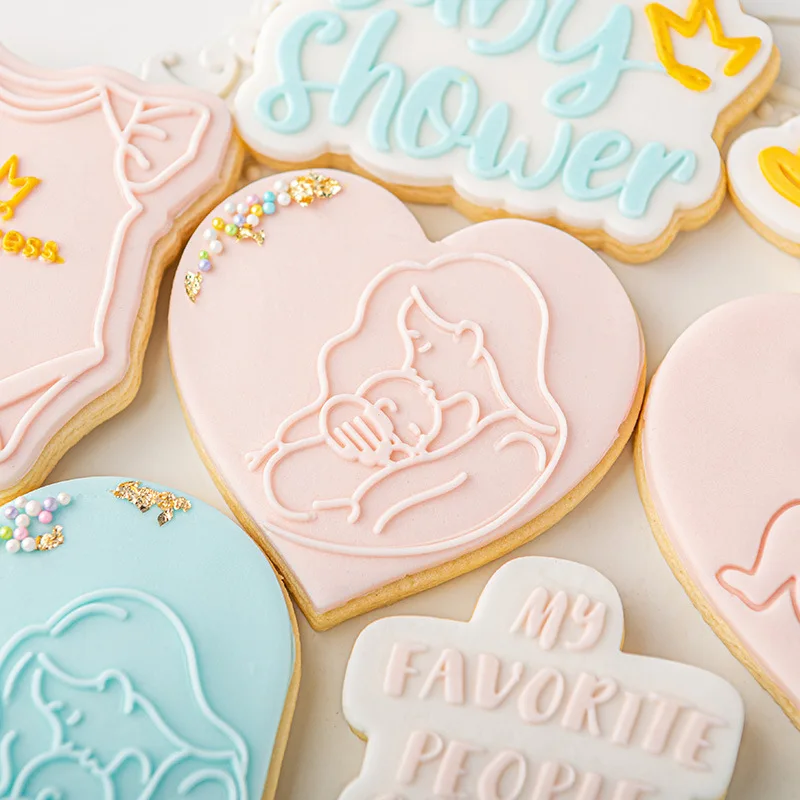 2pcs/set Baby Shower Mommy To Be Acrylic Cookie Cutter Reverse Stamp Embosser Fondant Sugar Craft Mold Cake Decoration Tool