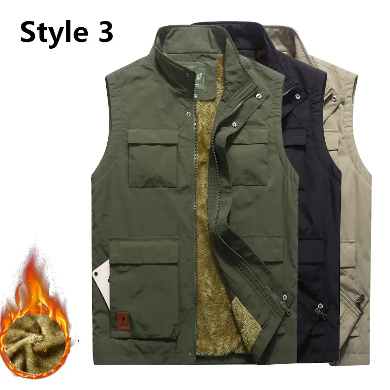 

Thickened fleece waterproof winter vest men's multi-pocket spring and autumn vest stand collar sleeveless jacket