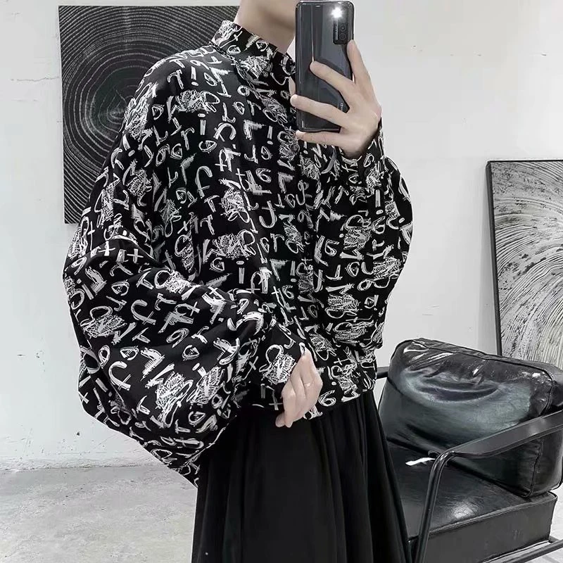 Рубашка мужская с принтом графти, Повседневная Свободная блузка с длинными рукавами, с принтом, с диким принтом, осень Рубашка мужская с принтом графти, Повседневная Свободная блузка с длинными рукавами, с принтом, с диким принтом, осень