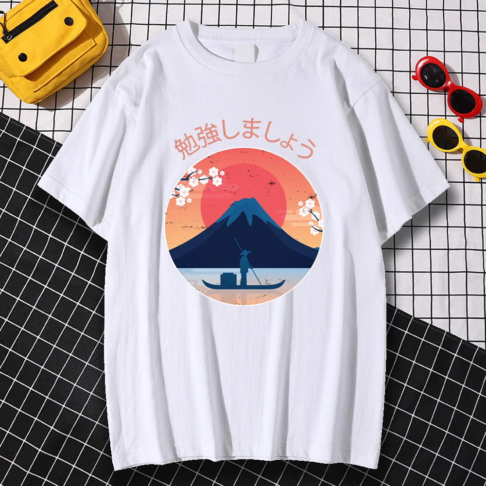 

Casual Crew Neck Male T Shirt Mount Fuji In The Sunset Printed T-Shirts Men Home Streetwear New Fitted Quality Clothes Kohpweran