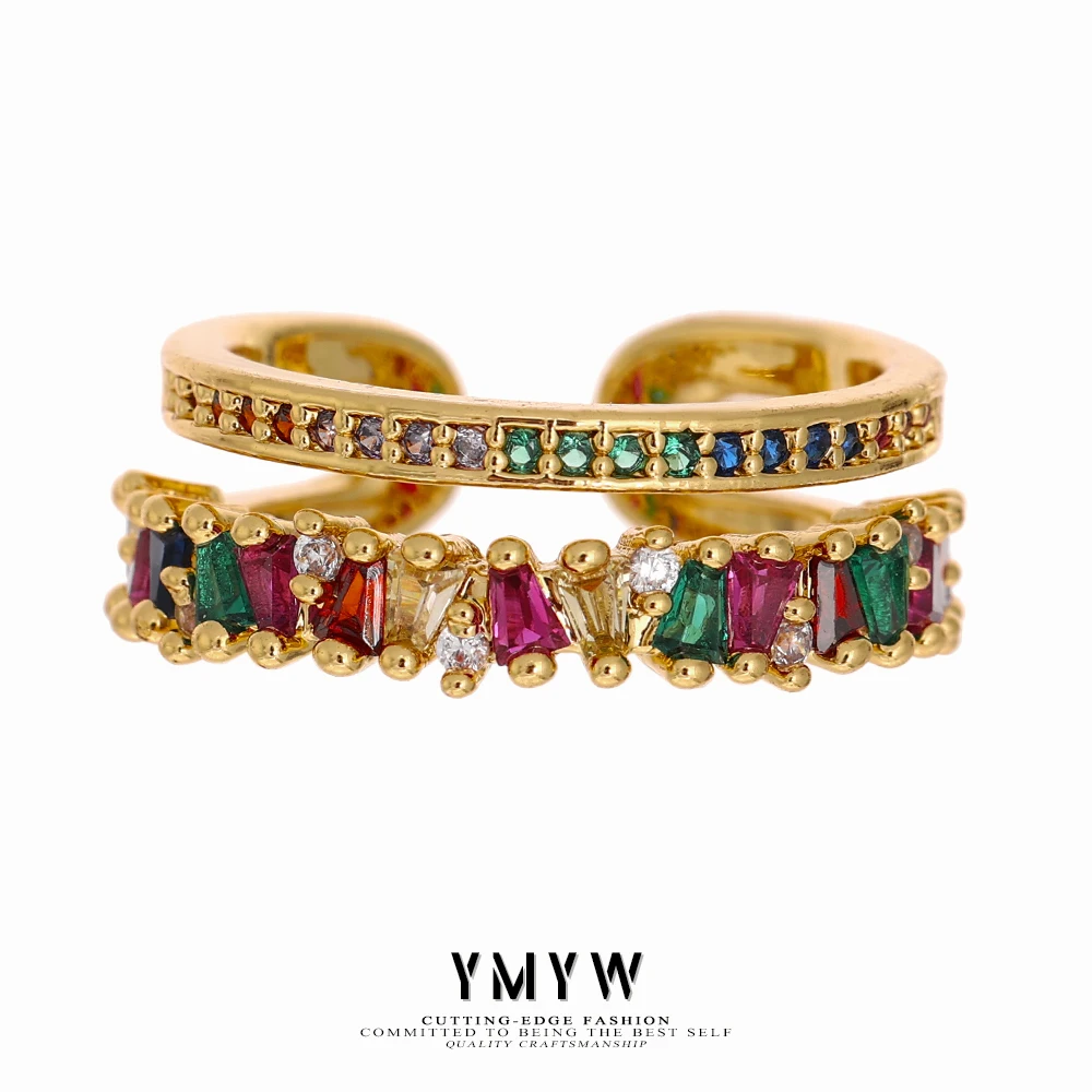 

YMYW Geometric Opening Ring Colorful Cubic Zirconia Ring Copper 14 K Plated Women Exquisite Jewelry украшения 2021 бижутерия