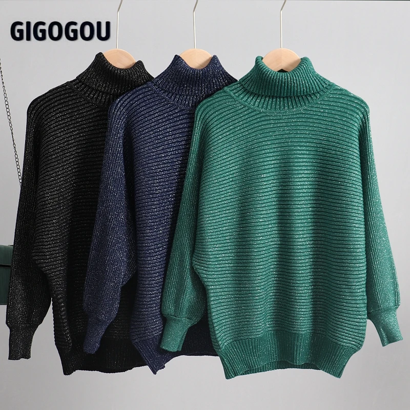 Женский свитер с люрексом GIGOGOU Черный Теплый трикотажный джемпер рукавом летучая