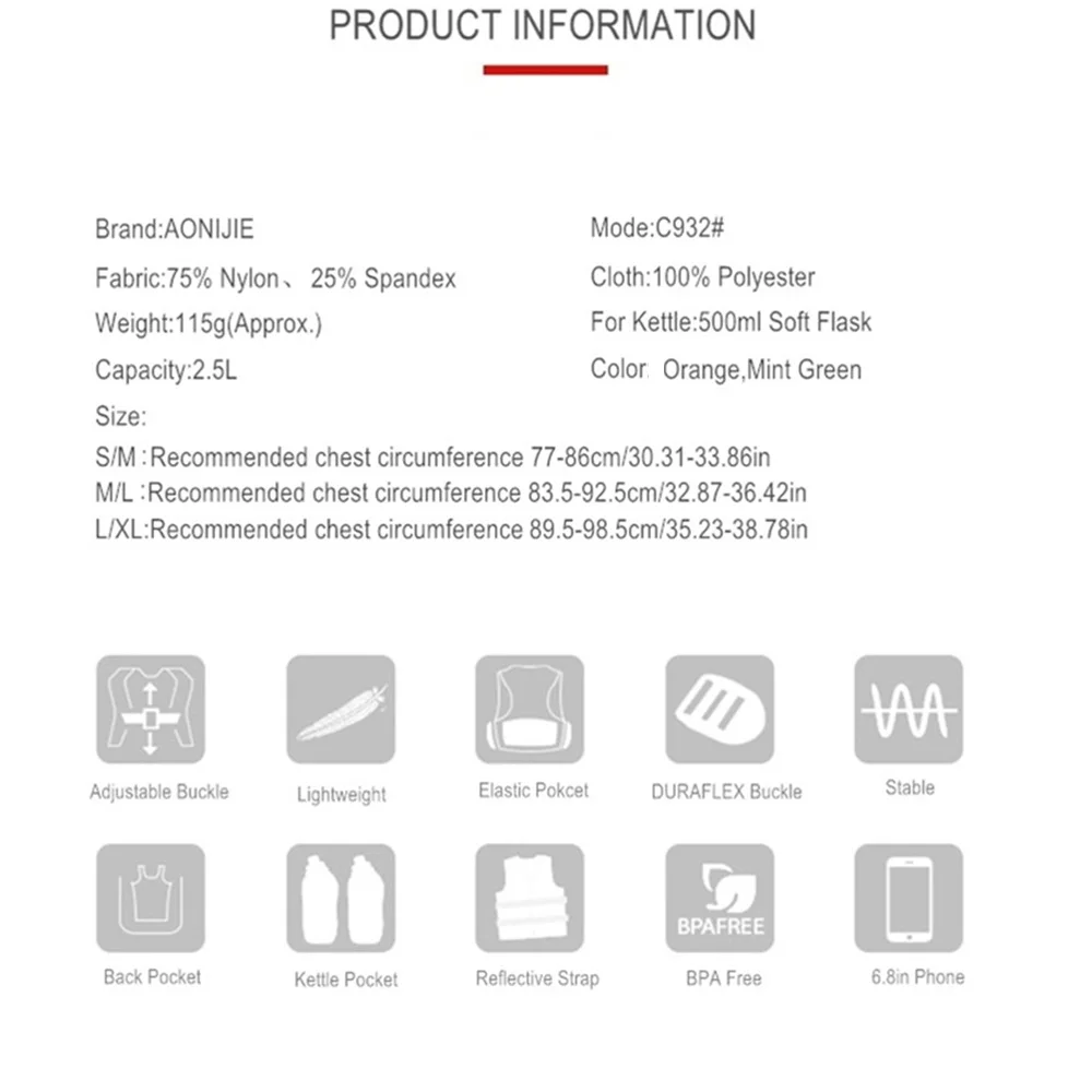 AONIJIE C932 2.5L Hydration Backpack Vest Lightweight Trail Running Bag With 250ml Soft Flask For Cycling Marathon Run Hiking